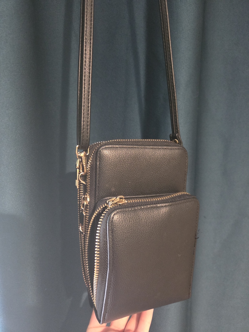 Black Leather Crossbody Bag with Front Zip Pocket